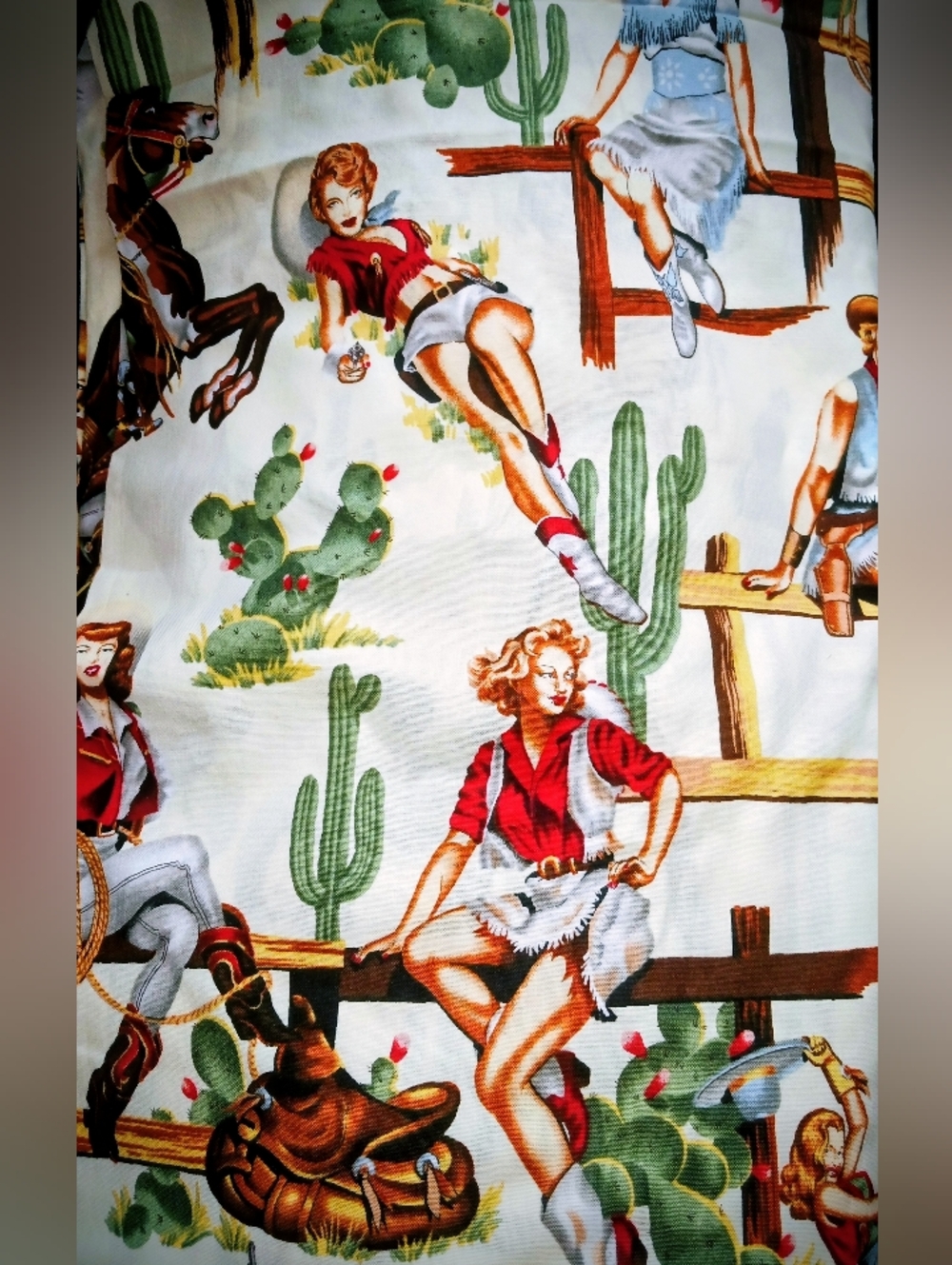 Alexander Henry "From the Hip" cotton fabric featuring a pin-up cowgirl western - Picture 2 of 3